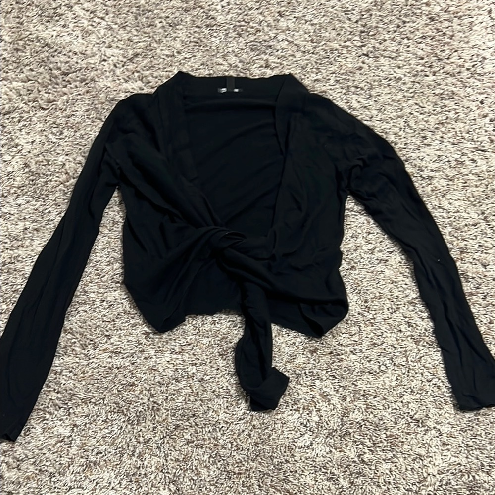 Express Black Tie Front Crop Blouse with Notched Collar